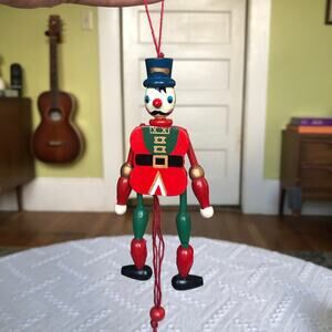 Vintage Wooden Pull-String Jumping Jack Toy Soldier Ornament 5" Hand-Painted